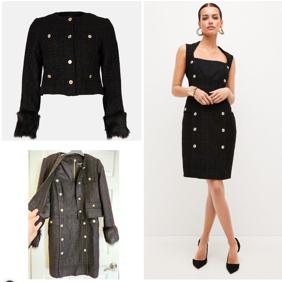 Karen Millen Set Sparkle Tweed DressAnd Faux Fur Cuff Jacket Sz 8 US - Picture 8 of 11